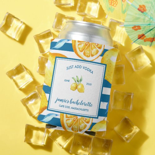Lemon Print  Citrus Bachelorette Personalized Can Cooler