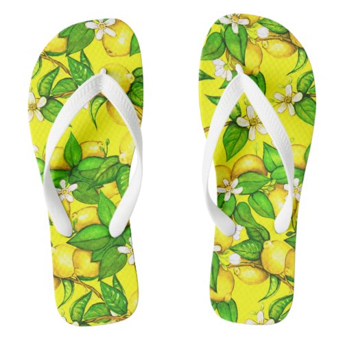 Lemon Print Flip Flops on yellow