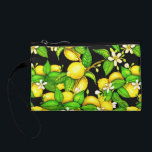 Lemon Print Purse on black<br><div class="desc">Trendy fresh wristlet with all-over lemon tree print</div>