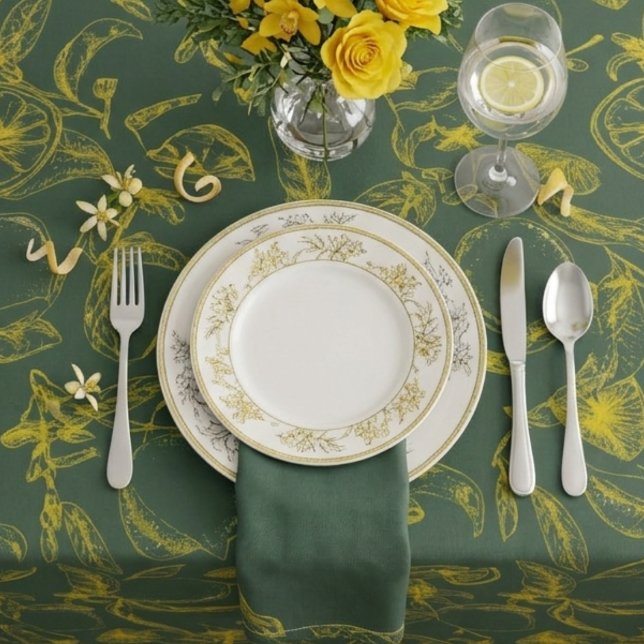Lemon Print Yellow on Dark Green  Tablecloth (Creator Uploaded)