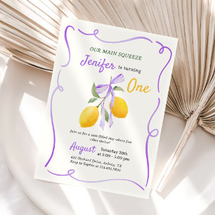 Lemon Purple Bow First Birthday Party Invitation