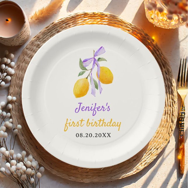 Lemon Purple Bow First Birthday Party Paper Plates (Creator Uploaded)