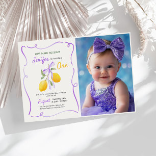 Lemon Purple Bow First Birthday Party Photo Invitation