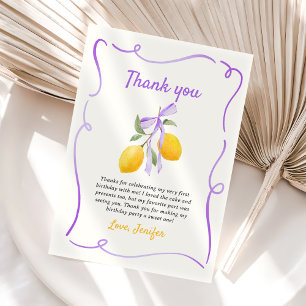 Lemon Purple Bow First Birthday Party Thank You Card