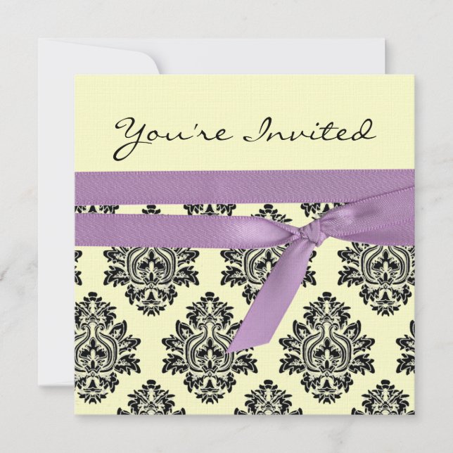 Lemon & purple linen Damask baby shower invite (Front)