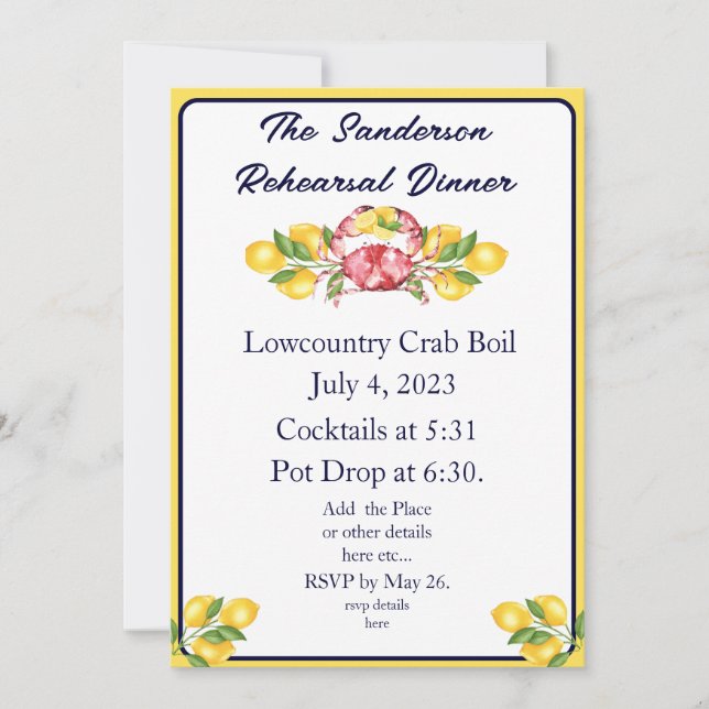 Lemon Red Crab Boil Invitation White Navy Yellow (Front)