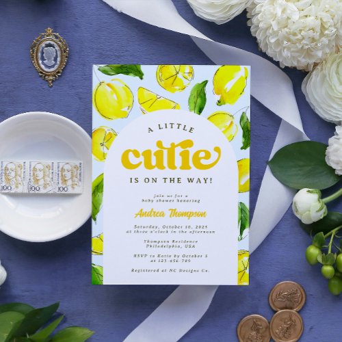 Lemon Retro Arch A Little Cutie Baby Shower Invitation