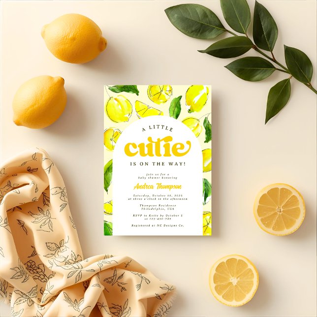Lemon Retro Arch Little Cutie Yellow Baby Shower Invitation (Creator Uploaded)