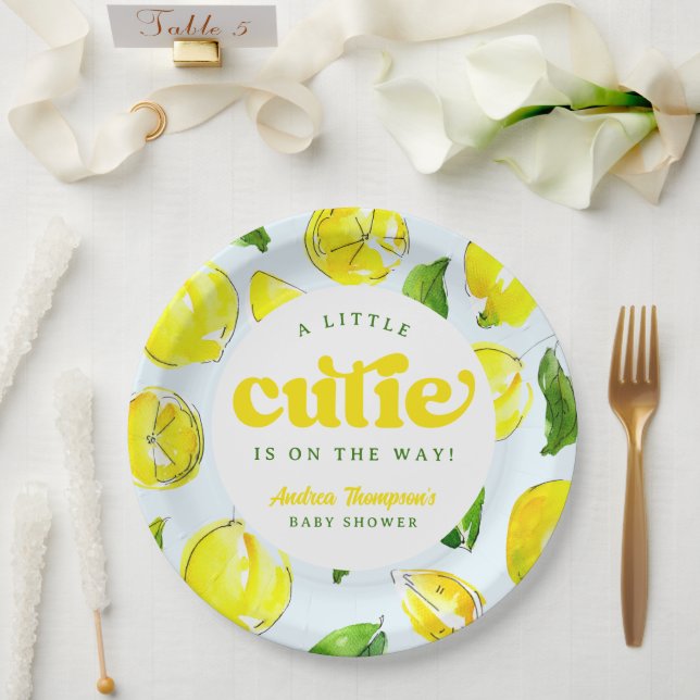 Lemon Retro Little Cutie Yellow Arch Baby Shower Paper Plates (Wedding)