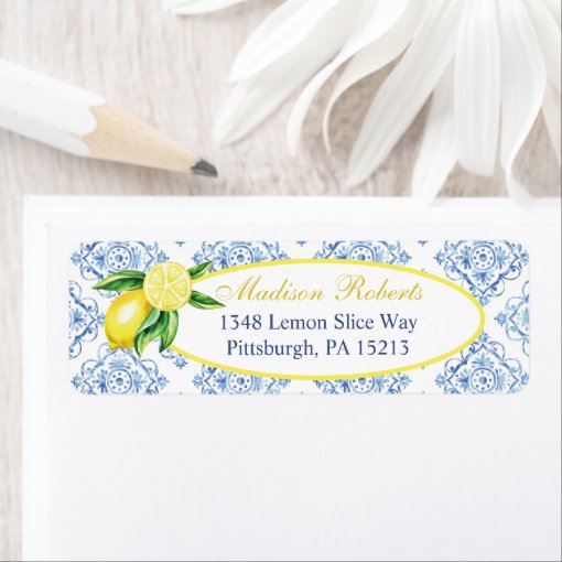 Lemon Return Address Labels, Blue Tile Italian Label Zazzle
