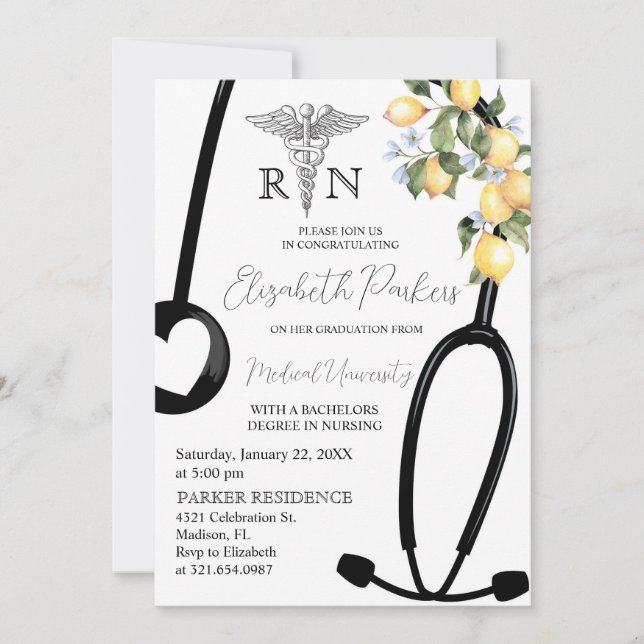 Lemon RN Nursing School Graduation Party Invitation (Front)