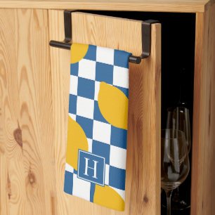 Lemon Rustic Farmhouse Blue White Check Monogram Kitchen Towel