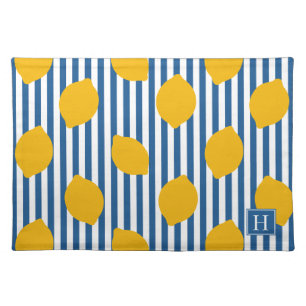 Lemon Rustic Farmhouse Blue White Stripe Monogram Cloth Placemat