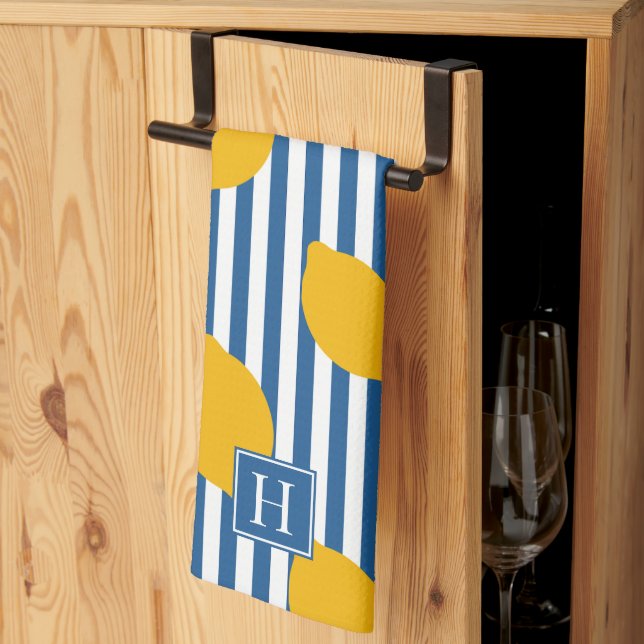 Lemon Rustic Farmhouse Stripe Monogram Kitchen Towel (Thirds Fold)
