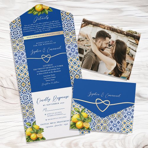 Lemon Rustic Italian Blue Wedding All In One Invitation