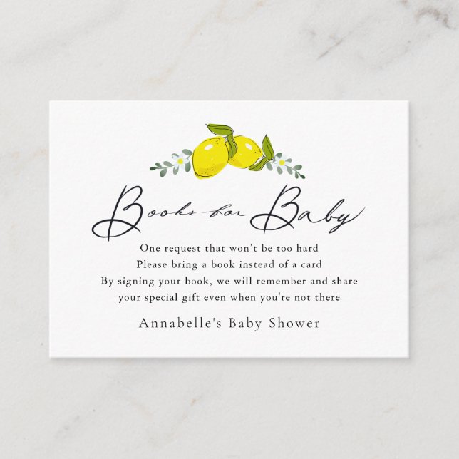 Lemon Script White Baby Shower Book Request Enclosure Card (Front)