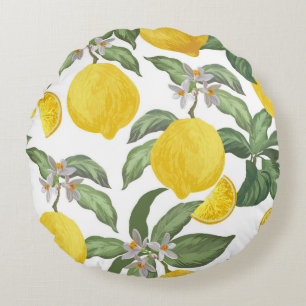 Lemon seamless vintage pattern. Tropical fruit bac Round Pillow