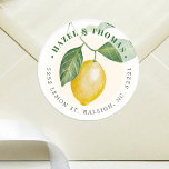 Lemon Season Wedding | Address Classic Round Sticker<br><div class="desc">The prime season of a lemon harvest is from late winter to early summer. However, you can celebrate the delight of a citrus bloom all year round with this lemon tree themed wedding sticker. This particular item features a vibrant yellow lemon pattern along with your details in either deep grey...</div>