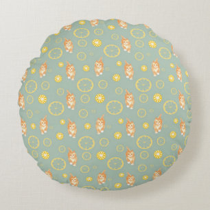 lemon slice and cat pattern round pillow