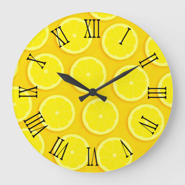 Lemon slice graphic yellow roman wall clock | Zazzle