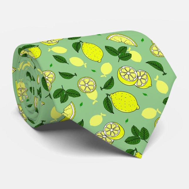 Lemon Slices and Green Leaves Lemon Food Pattern Neck Tie (Rolled)
