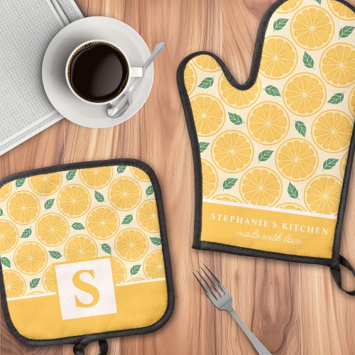 Lemon Slices Citrus Cute Summer Monogrammed Oven Mitt &Amp;Amp; Pot Holder Set