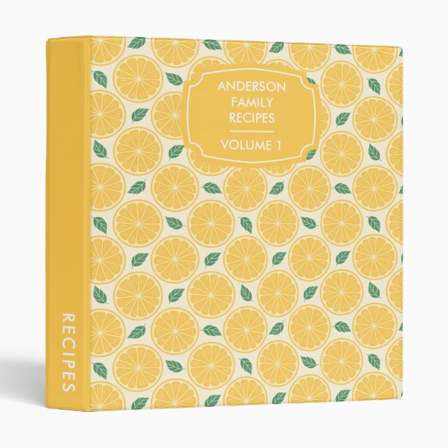 Lemon Slices Citrus Pattern Personalized Recipe 3 Ring Binder (Front/Spine)