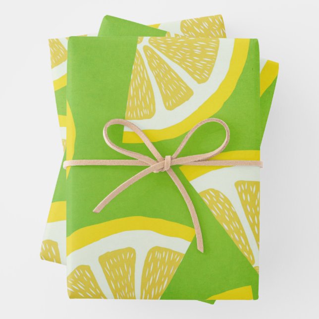 Lemon Slices on Lime Green Background Wrapping Paper Sheets (In situ)