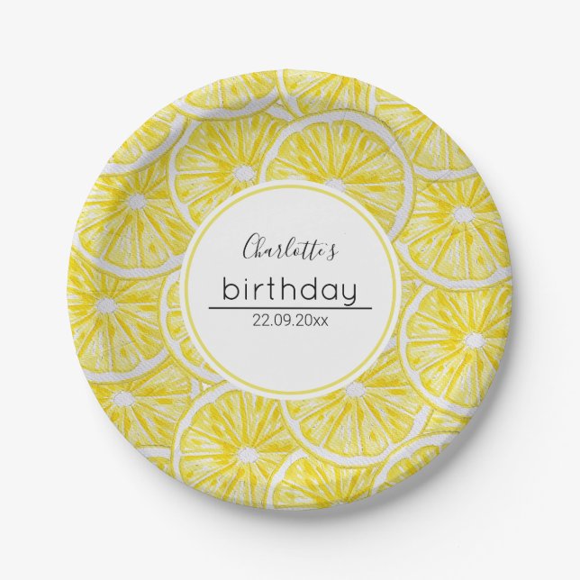 Lemon Slices Watercolor Pattern Paper Plates (Front)