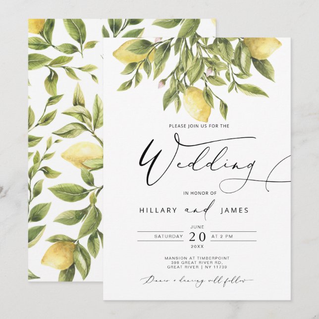 Lemon Sorrento Amalfi Coast Calligraphy Wedding Invitation (Front/Back)
