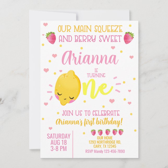 Lemon strawberry girl 1st first birthday invite. invitation (Front)