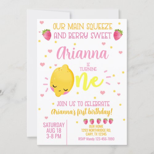 Lemon strawberry girl 1st first birthday invite invitation