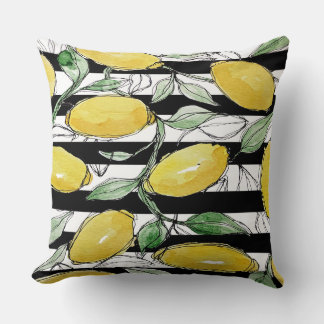 Lemon Striped Watercolor Print Throw Pillow