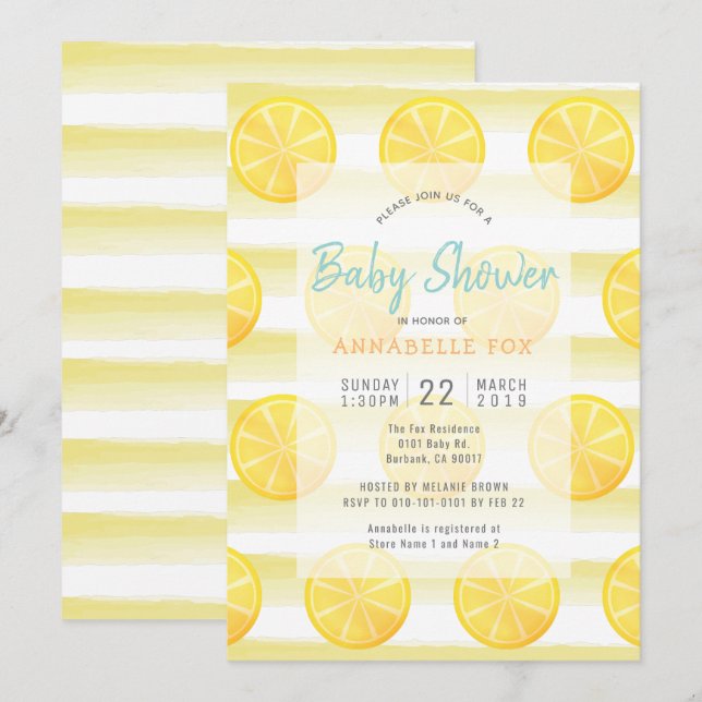 Lemon & Stripes Watercolor Baby Shower Invitation (Front/Back)