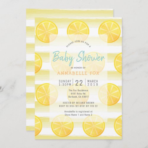 Lemon  Stripes Watercolor Baby Shower Invitation