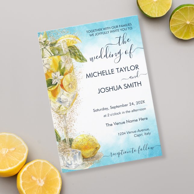 Lemon Summer Cocktail Italy Destination Wedding Invitation (blue and yellow watercolor limoncello)