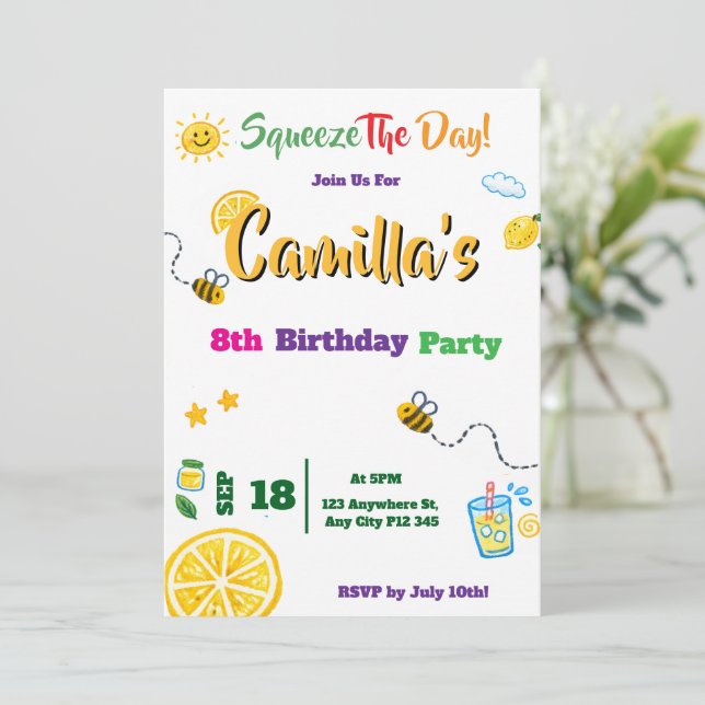 Lemon Summer Theme Kids Birthday Invitation Card (Standing Front)