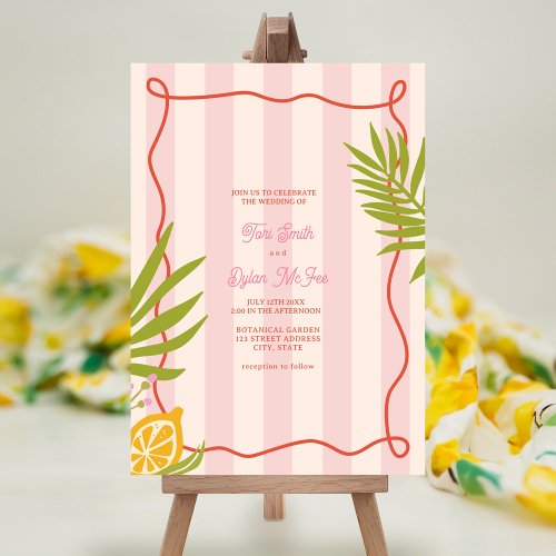 Lemon Swirl Pink Stripe Palm Wedding Invitation