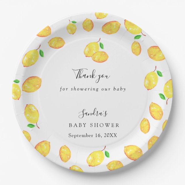 Lemon Theme Baby Shower Citrus Modern Script Paper Plates (Front)