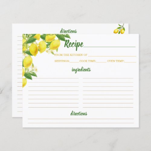 Lemon Theme Bridal Shower Recipe Card