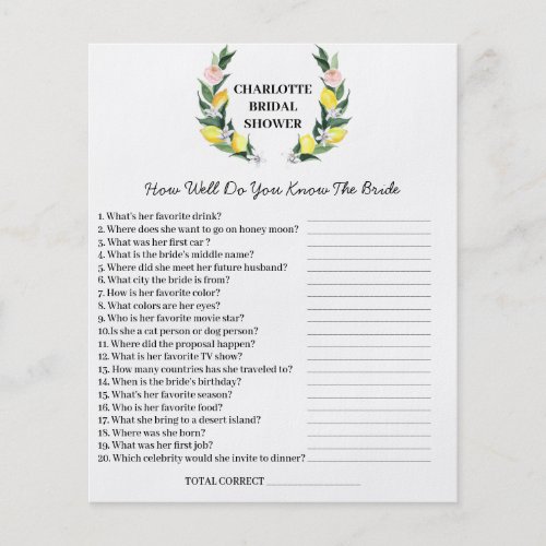 Lemon Theme Bridal Shower Trivia Question Flyer