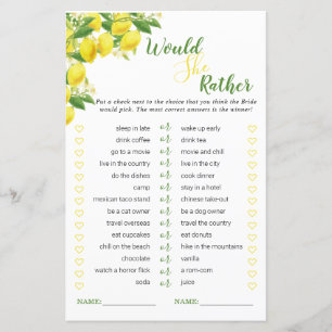 Lemon Theme Bridal Shower Would She Rather Game