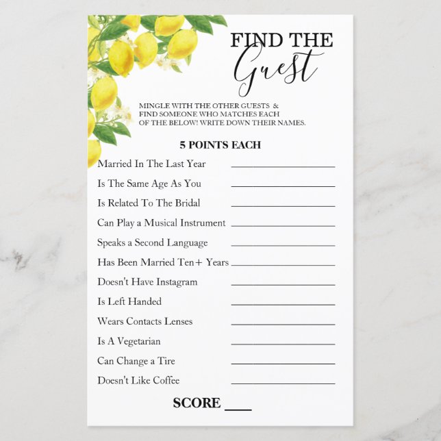 Lemon Theme Find The Guest Game Card (Front)