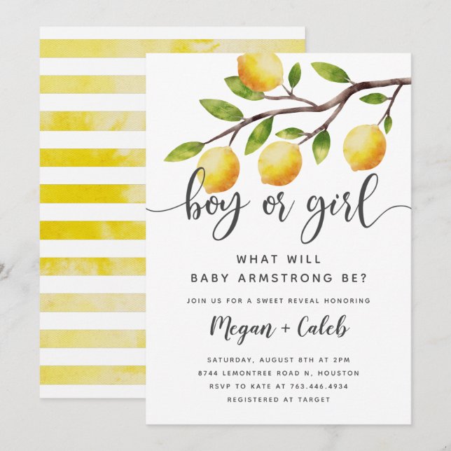 Lemon Theme Gender Reveal Summer Party  Invitation (Front/Back)
