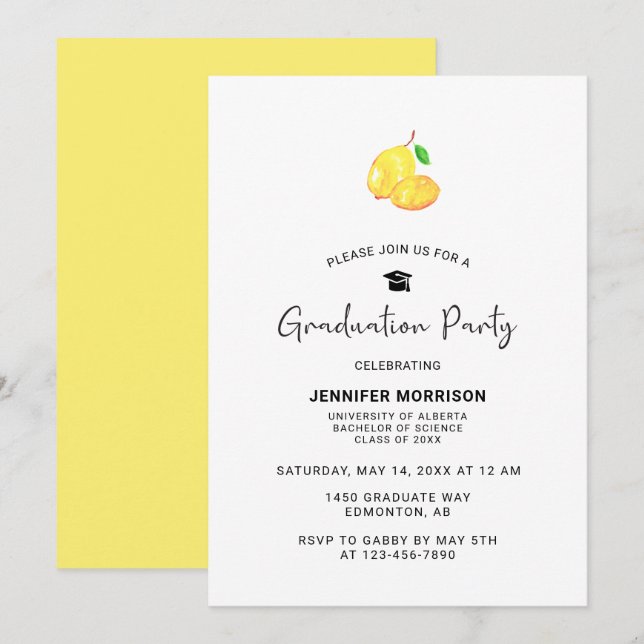 Lemon Theme Graduation Party Boho Modern Chic  Inv Invitation (Front/Back)