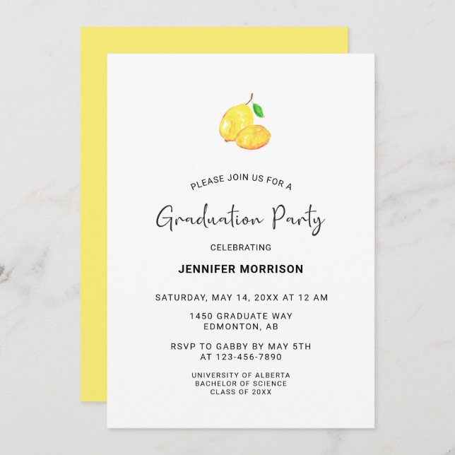Lemon Theme Graduation Party Boho Modern Chic  Invitation (Front/Back)