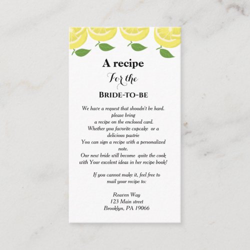 Lemon theme Recipe request bridal shower Enclosure Card