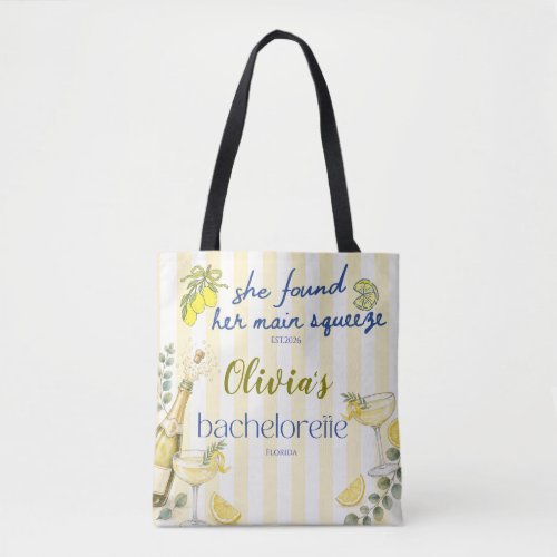 lemon theme she found her main squeeze yellow  tote bag