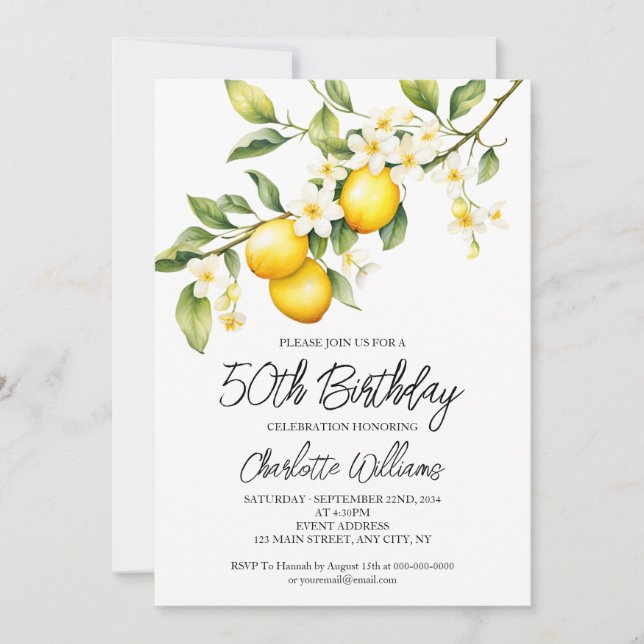 Lemon Theme Watercolor 50th Birthday Party Invitation (Front)