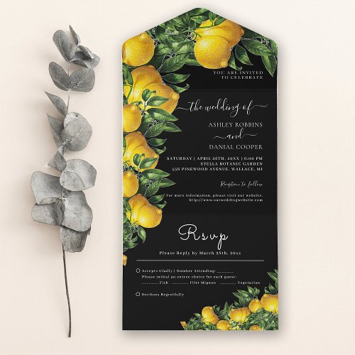 Lemon Themed Black Wedding All In One Invitation